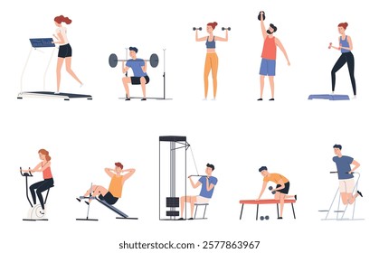 Men and women doing sports in the gym. Gymnastics, exercise machines, weightlifting. Keeping the body in good physical shape. Vector illustrations