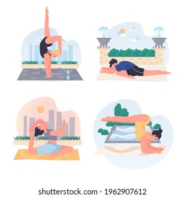 Men and women doing yoga concept scenes set. People do asanas, develop flexibility, balance, sports training outdoors. Collection of human activities. Vector illustration of characters in flat design