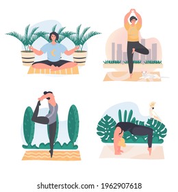 Men and women doing yoga concept scenes set. People do asanas, meditation in lotus position, sports training outdoors. Collection of human activities. Vector illustration of characters in flat design