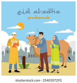 Men and women donate a cow to be sacrificed during the Eid al-Adha holiday. Muslims are in front of the mosque. Eid Al Adha concept. Flat vector illustration.