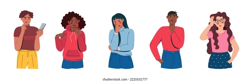 Hombres y mujeres en dudas y pensamientos. Las personas reflexivas confundidas se preocupan con una expresión seria en su cara. Caracteres indeterminados. Ilustración del vector blanco aislado 