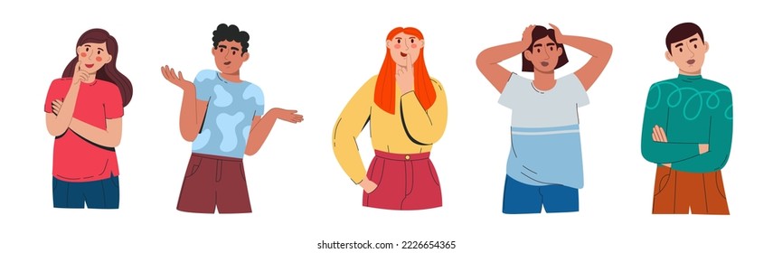 Men and women in doubt and thoughts. Confused thoughtful people worry with a serious expression on their face. Indeterminate characters. Vector illustration flat isolated white 