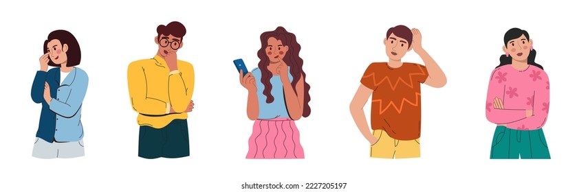 Men and women in doubt and thoughts. Confused thoughtful people worry with a serious expression on their face. Indeterminate characters. Vector illustration flat isolated white 