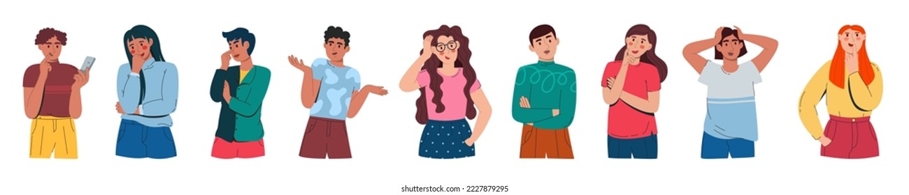 Men and women in doubt and thoughts. Confused thoughtful people worry with a serious expression on their face. Indeterminate characters. Vector illustration flat isolated white 