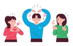 Men And Women Drawing Hearts With Their Hands And Arms. Cute Love Expression Concept Vector Illustration Collection.