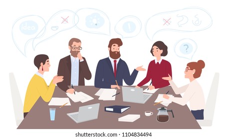 Men and women dressed in business clothes sitting at table and discussing ideas, exchanging information, solving problems. Brainstorm or group discussion. Cartoon vector illustration in flat style