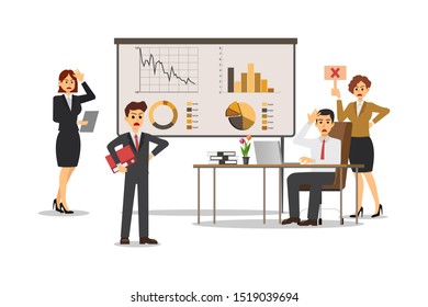 Men and women dressed in business clothes and discussing ideas, solving problems, businessman, character, Vector illustration.