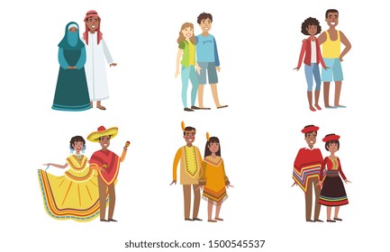 Men and Women Dressed Folk Costumes of Various Countries Set, Peru, Ameican Indian, USA, Mexico, UAE Vector Illustration