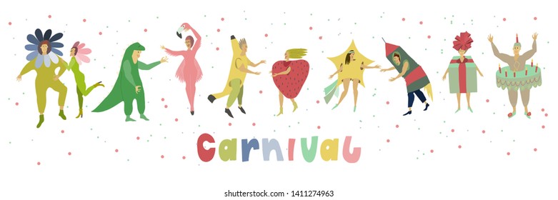 Men and women dressed in funny carnival costumes . Multicolor caption with festive confetti from below Vector flat illustration
