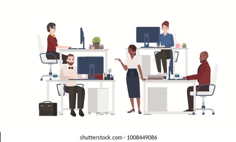 Men and women dressed in smart clothes working on computers. Male and female office workers sitting at desks or standing and drinking coffee. Flat cartoon characters. Colorful vector illustration.