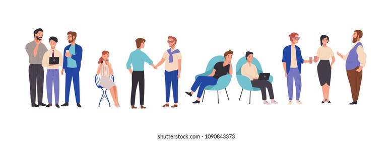 Men and women dressed in smart clothes take part in business meeting, formal discussion, conference. Male and female cartoon characters talk to each other, exchange information. Vector illustration