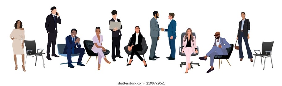 Men and women dressed in smart clothes take part in business meeting, formal discussion, conference. Set different male and female cartoon characters sitting, standing. Vector realistic illustration.