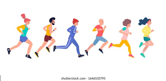 Men and women dressed in sports clothes running marathon race. Marathon race group. Flat cartoon characters isolated on white background. 