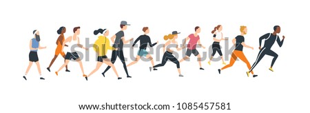 Men and women dressed in sports clothes running marathon race. Participants of athletics event trying to outrun each other. Flat cartoon characters isolated on white background. Vector illustration ストックフォト © 