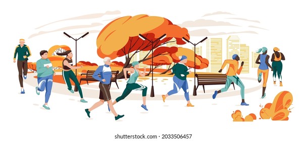 Men and women dressed in sportswear jogging or running through autumn park. Sports competition, outdoor workout or exercise, athletics.Flat cartoon colorful vector illustration