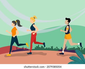Men and women dressed in sportswear jogging or running through park. Sports competition. Healthy active lifestyle.