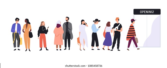 Men and women dressed in trendy clothes standing in line or queue in front of shop entrance doors. Stylish people waiting for store, boutique or showroom opening. Flat cartoon vector illustration