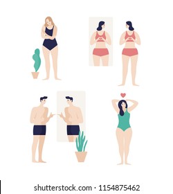 Men and women dressed in underwear looking in mirror and enjoying their bodies isolated on white background. Self-acceptance, satisfaction with appearance. Flat cartoon colorful vector illustration