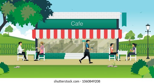 Men and women drink coffee at the cafe.