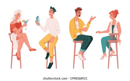 Men and women drinking alcoholic drinks, people enjoying cocktails in bar, pub or restaurant. Isolated friends talking and chatting, entertainment or nightlife. Flat cartoon character vector