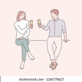 Men and women are drinking toast with a glass. hand drawn style vector design illustrations.