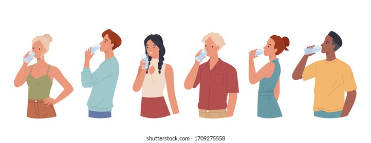 Men and women  drinking water from plastic bottles and glasses set. Vector illustration in a flat style
