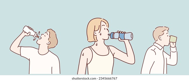 Men and women drinking water from plastic bottles and glasses set. Hand drawn style vector design illustrations.
