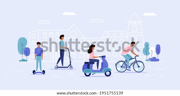 Men and women drive eco city transportation in\
public park. Personal electric transport, green electro scooter,\
hoverboard,  gyroscooter, unicycle and bike. Ecological vehicle,\
city life concept