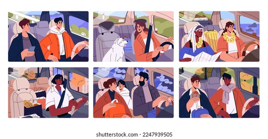 Men, women driving cars set. Happy drivers and passengers inside autos. Couples, families, pet, child travel by automobile for shopping, holiday. Flat vector illustrations isolated on white background