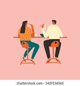 Men and women eat ramen and sushi together on date illustration in vector. People have lunch in asian restaurant.