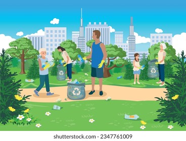 Men and women, elderly people and children of different nationalities clean up plastic garbage in a city park. Take care of the environment. Sorting, recycling and disposal of waste. vector