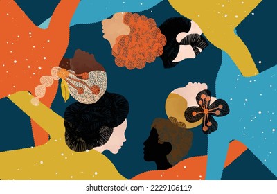 men and women embraced in a circle - racial, social and gender diversity - sky background