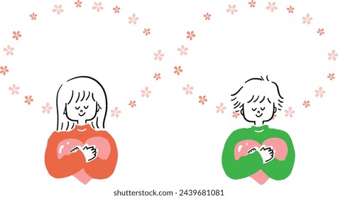 Men and women embracing a heart frame illustration set
