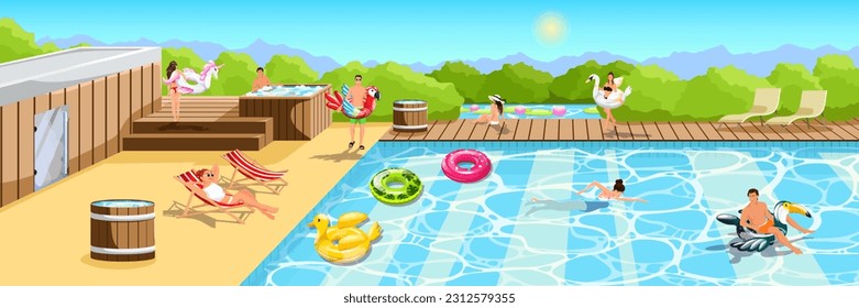 Men and women enjoy in luxury hotel resort. Summer time weekend in swimming pool. Young people have sunbathing and fun in pool activity. Landscape of water park lounge area. Vector illustration