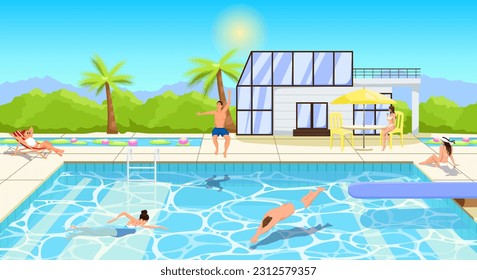 Men and women enjoy in luxury hotel resort. Summer time weekend in swimming pool. Young people have sunbathing and fun in pool activity. Landscape of water park lounge area. Vector illustration