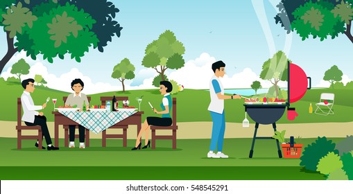 Men and women are enjoying a barbecue party.