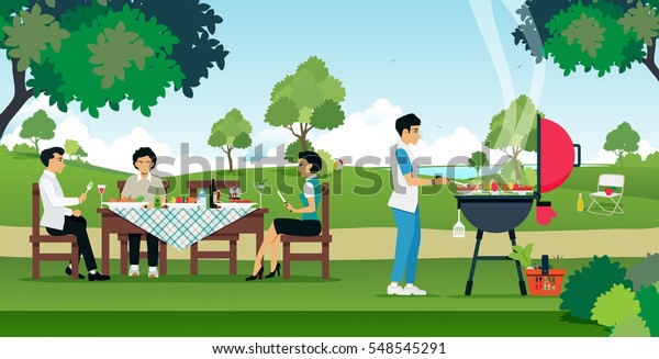 Men Women Enjoying Barbecue Party Stock Vector (royalty Free) 548545291 