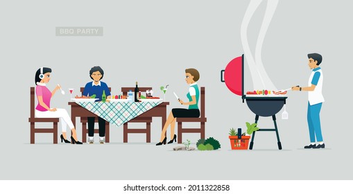 Men and women enjoying food at a barbecue party.