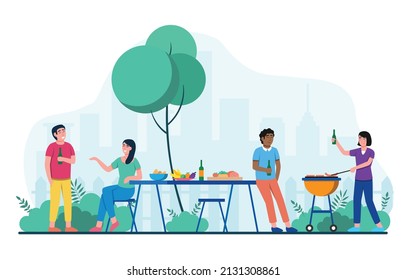 Men and women are enjoying a party in garden vector