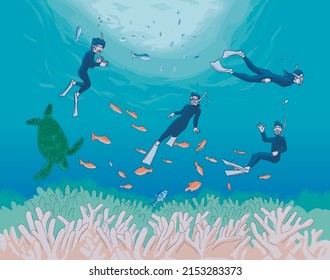 Men and women enjoying snorkeling in the sea