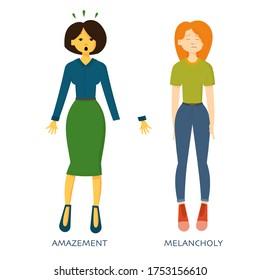 Men or women expressing various emotions: sadness, anger, fear, worry, relax, crying, happiness, victory, tiredness, melancholy, gladness, amazement. Image of different full-length people emotions