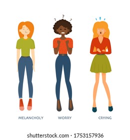 Men or women expressing various emotions: sadness, anger, fear, worry, relax, crying, happiness, victory, tiredness, melancholy, gladness, amazement. Image of different full-length people emotions