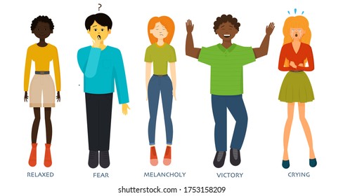 Men or women expressing various emotions: sadness, anger, fear, worry, relax, crying, happiness, victory, tiredness, melancholy, gladness, amazement. Image of different full-length people emotions