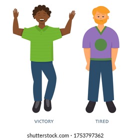 Men or women expressing various emotions: sadness, anger, fear, worry, relax, crying, happiness, victory, tiredness, melancholy, gladness, amazement. Image of different full-length people emotions