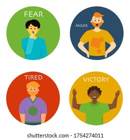 Men or women expressing various emotions: anger, fear, victory, tiredness. Image of different full-length people emotions