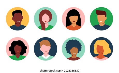 Caras de hombres y mujeres. Conjunto de perfiles de usuario. Retratos coloridos de personas de diferentes razas. Vátaros machos y hembras en círculo. Iconos vectores con personas sonrientes. Ilustración de caricatura plana. Aislado.