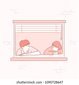 Men and women are facing each other at the window. hand drawn style vector doodle design illustrations. Men and women are facing each other at the window. hand drawn style vector doodle design illustrations.