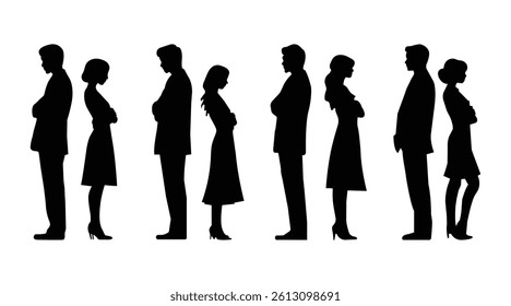 Men and Women Facing Silhouette. Silhouettes of Men and Women Facing Each Other in Argument or Disagreement.