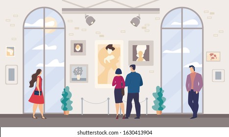 Men Women, Family Couple Visiting Art Museum. Contemporary Artworks Exhibiting In Gallery. People Tourist Viewers Enjoy Creative Portraits And Still Lifes Painting Hanging On Wall. Vector Illustration