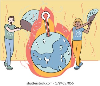 Men and women are fanning the burning earth. hand drawn style vector design illustrations. 